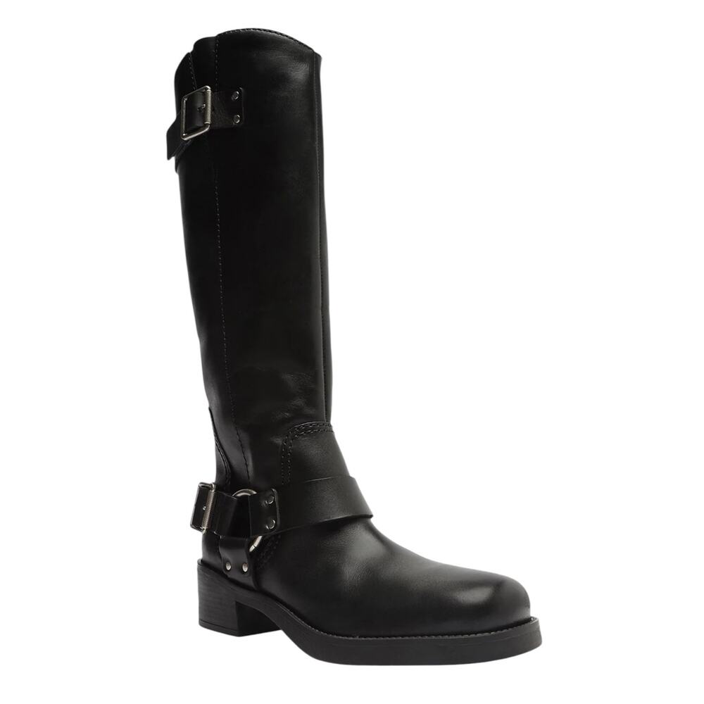 Women's Black Knee-High Moto Combat Boots with Buckle Straps